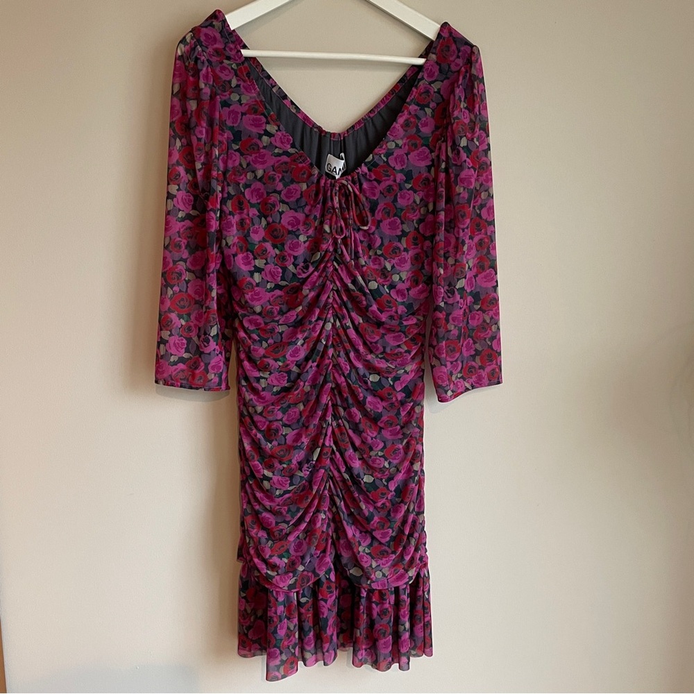 NWT GANNI mesh ruched mini dress in rose floral